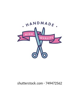 Handmade colorful line logo. Handmade linear badge or handmade outline label. Tailor symbols. Vector illustration of scissors