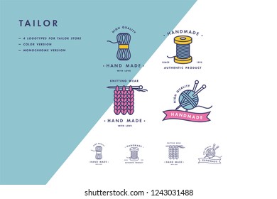 Conjunto de logotipos de líneas de colores hechos a mano. Marcas lineales hechas a mano o etiquetas de esquema hechas a mano. Ropa de púas y símbolos de coser. Ilustración del vector