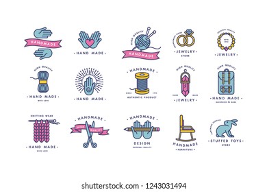 Handmade colorful line logos set. Handmade linear badges or handmade outline labels. Knitwear and sewing symbols. Vector illustration