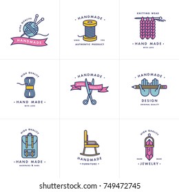 Handmade colorful line logos set. Handmade linear badges or handmade outline labels. Knitwear and sewing symbols. Vector illustration