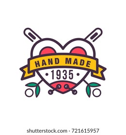 Handmade colorful logo template, since 1935, retro needlework craft badge, handicraft element vector illustration