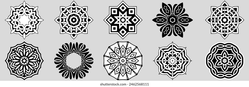 Handmade coloring book, doodling, zentangle, anti-stress. Black and white ethnic flowers, mandala. Unique templates in tribal style, ornaments of the East, Asia, India, Mexico, Aztec, Peru.