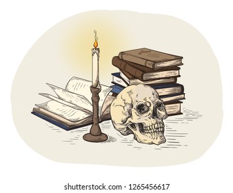 handmade colorull sketch death concept human skull on old books near candle on dark background vector illustration