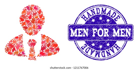 Handmade combination of boss and scratched seal. Vector blue seal with distress rubber texture. Flat mosaic design for marketing hand made purposes. Mosaic boss icon constructed with red hands.