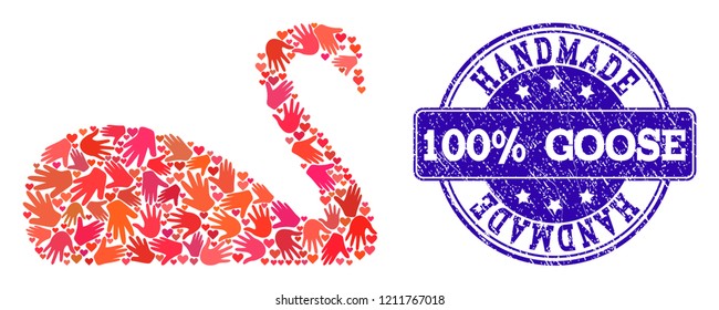 Handmade combination of goose and rubber seal stamp. Vector blue seal with distress rubber texture. Flat mosaic design for marketing hand made posters. Mosaic goose icon constructed with red hands.