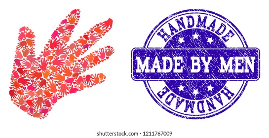 Handmade combination of hand and unclean seal stamp. Vector blue seal with grunge rubber texture. Flat mosaic design for marketing hand made templates. Mosaic hand icon constructed with red hands.