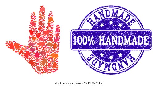 Handmade composition of hand and rubber seal. Vector blue imprint with distress rubber texture. Flat mosaic design for marketing hand made posters. Mosaic hand icon designed with red hands.