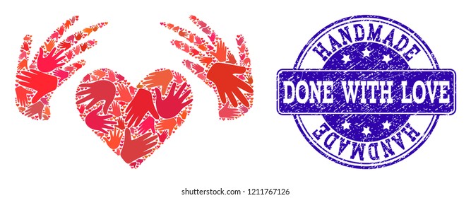 Handmade composition of handmade love and unclean stamp. Vector blue imprint with unclean rubber texture. Flat mosaic design for marketing hand made templates.