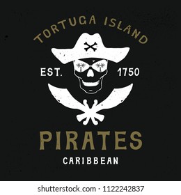 Handmade composition Pirates Caribbean , grunge. Vintage design. T-shirts graphics for print and other user. Vector illustration. A badge with the image of a handmade skull for printing on clothes.