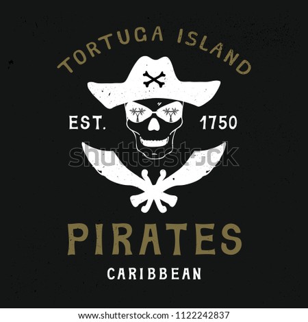 Handmade composition Pirates Caribbean , grunge. Vintage design. T-shirts graphics for print and other user. Vector illustration. A badge with the image of a handmade skull for printing on clothes.
