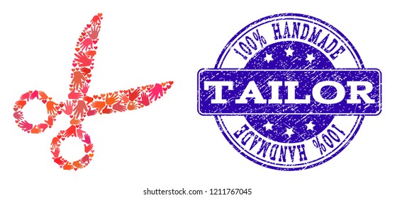 Handmade composition of scissors and unclean seal stamp. Vector blue seal with unclean rubber texture. Flat mosaic design for marketing hand made purposes.