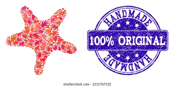 Handmade composition of star and scratched stamp. Vector blue imprint with scratched rubber texture. Flat mosaic design for marketing hand made purposes. Mosaic star icon constructed with red hands.