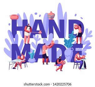 Handmade Concept. Characters Making Painting, Baking in Oven and Decorating Pots, Earthenware, Crockery Ceramics at Pottery Workshop, Poster, Banner, Flyer, Brochure. Cartoon Flat Vector Illustration
