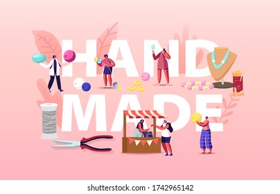 Handmade Concept. Female Characters Jewelry Designers Create Bijouterie Necklaces, Earrings, Bracelets Using Colorful Beads and Diy Instruments Poster Banner Flyer. Cartoon People Vector Illustration