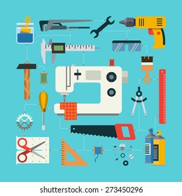 Handmade concept with icons of sewing, construction, repair, drafting items and tools. Flat design vector illustration