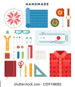 Handmade concept illustration. Tools and materials sewing and needlework. Do it yourself, sewing tools. Traditional women's hobbies, needlework. Vector illustration.