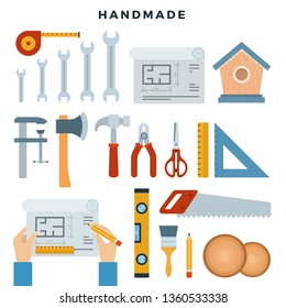 Handmade concept illustration. Working tools, set. Repair and construction instruments collection. Do it yourself, tools. Vector illustration.