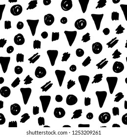 Handmade contrast seamless pattern. Childish craft monochrome wallpaper for birthday card, baby nappy, school party advertising, shop sale poster, holiday wrapping paper, textile, bag print etc.