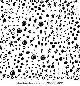 Handmade contrast seamless pattern. Childish craft monochrome wallpaper for birthday card, baby nappy, school party advertising, shop sale poster, holiday wrapping paper, textile, bag print etc.
