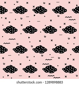 Handmade contrast seamless pattern. Childish craft monochrome wallpaper for birthday card, baby nappy, school party advertising, shop sale poster, holiday wrapping paper, textile, bag print etc.