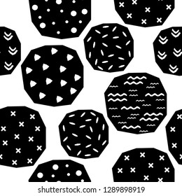 Handmade contrast seamless pattern. Childish craft monochrome wallpaper for birthday card, baby nappy, school party advertising, shop sale poster, holiday wrapping paper, textile, bag print etc.
