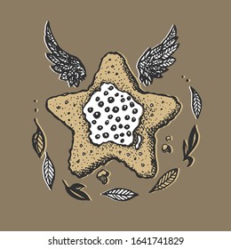 Handmade cookie in a shape of star. Tea biscuit. Beautiful hand-drawn illustration.