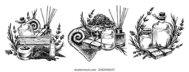Handmade cosmetics, bath salts, soap, bombs with bottles, towels, lavender flowers and candles. Graphic illustration line art hand drawn in black and white monochrome. Set of elements