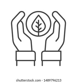 Handmade cosmetics black line icon. Natural organic product sign. Chemicals free. Hands holding plant. Pictogram for web page, mobile app, promo. UI/UX/GUI design element. Editable stroke.