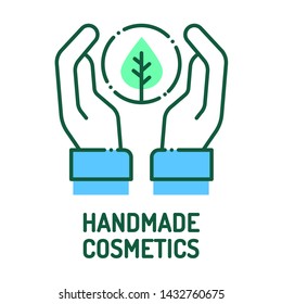 Handmade cosmetics color line icon. Natural organic product sign. Chemicals free. Hands holding plant. Pictogram for web page, mobile app, promo. UI/UX/GUI design element. Editable stroke.