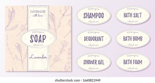 Handmade cosmetics from lavender. Set for the design of natural cosmetics with seamless patterns and label options for different cosmetic products. Set for bath and shower.