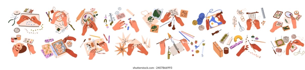 Hand-made craft and art set. Creative artisans during craftwork, making handcraft, needlework with tools, working with ceramics, jewelry. Flat graphic vector illustrations isolated on white background