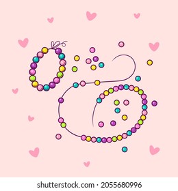 Handmade craft beads creation bijouterie vector illustration isolated on pink background with hearts