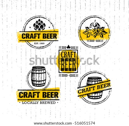 Handmade Craft Beer Rough Stamps Set. Drink Local Creative Vector Concept. Brewery Design Elements On Grunge Distressed Background