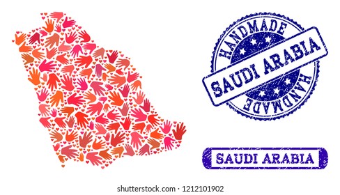 Handmade craft collage of mosaic map of Saudi Arabia and dirty seals. Mosaic map of Saudi Arabia designed with red hands. Vector blue seals with unclean rubber texture.