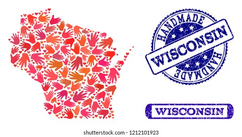 Handmade craft collage of mosaic map of Wisconsin State and corroded seals. Mosaic map of Wisconsin State designed with red hands. Vector blue seals with scratched rubber texture.