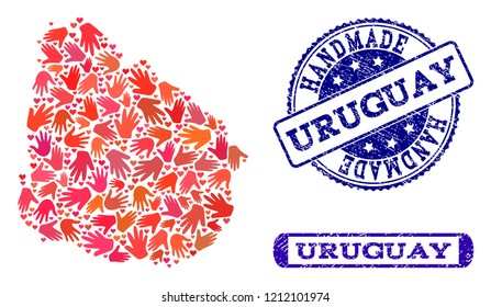 Handmade craft collage of mosaic map of Uruguay and grunge seals. Mosaic map of Uruguay constructed with red hands. Vector blue seals with grunge rubber texture. Flat design for hand made posters.