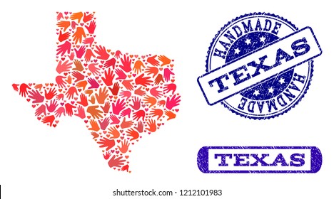 Handmade craft collage of mosaic map of Texas State and rubber seals. Mosaic map of Texas State constructed with red hands. Vector blue seals with unclean rubber texture.