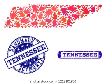 Handmade craft collage of mosaic map of Tennessee State and unclean seals. Mosaic map of Tennessee State constructed with red hands. Vector blue seals with scratched rubber texture.