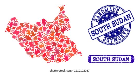 Handmade craft collage of mosaic map of South Sudan and rubber seal stamps. Mosaic map of South Sudan constructed with red hands. Vector blue watermarks with scratched rubber texture.