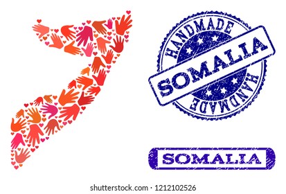 Handmade craft collage of mosaic map of Somalia and rubber seal stamps. Mosaic map of Somalia constructed with red hands. Vector blue seals with grunge rubber texture.