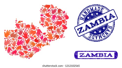 Handmade craft collage of mosaic map of Zambia and scratched seals. Mosaic map of Zambia constructed with red hands. Vector blue watermarks with scratched rubber texture.