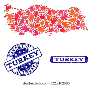 Handmade craft collage of mosaic map of Turkey and scratched seals. Mosaic map of Turkey constructed with red hands. Vector blue seals with corroded rubber texture.