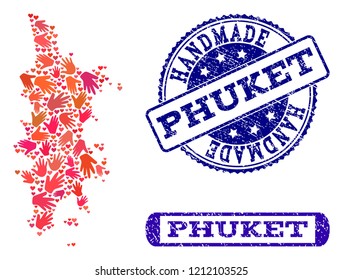 Handmade craft collage of mosaic map of Phuket and unclean seals. Mosaic map of Phuket constructed with red hands. Vector blue seals with grunge rubber texture. Flat design for hand made templates.