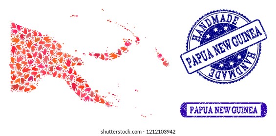 Handmade craft collage of mosaic map of Papua New Guinea and grunge seals. Mosaic map of Papua New Guinea designed with red hands. Vector blue watermarks with grunge rubber texture.