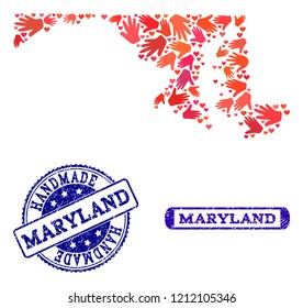 Handmade craft collage of mosaic map of Maryland State and rubber stamps. Mosaic map of Maryland State designed with red hands. Vector blue imprints with unclean rubber texture.