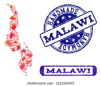 Handmade craft collage of mosaic map of Malawi and scratched seals. Mosaic map of Malawi constructed with red hands. Vector blue seals with grunge rubber texture. Flat design for hand made posters.