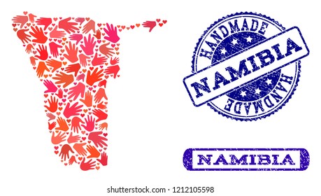 Handmade craft collage of mosaic map of Namibia and rubber seal stamps. Mosaic map of Namibia designed with red hands. Vector blue imprints with distress rubber texture.