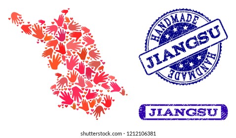 Handmade craft collage of mosaic Map of Jiangsu Province and rubber seals. Mosaic Map of Jiangsu Province designed with red hands. Vector blue imprints with scratched rubber texture.