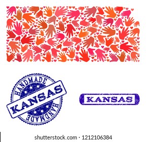 Handmade craft collage of mosaic map of Kansas State and grunge seals. Mosaic map of Kansas State designed with red hands. Vector blue seals with grunge rubber texture.