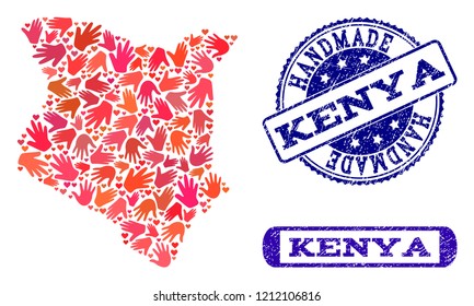 Handmade craft collage of mosaic map of Kenya and grunge seals. Mosaic map of Kenya designed with red hands. Vector blue seals with retro rubber texture. Flat design for hand made illustrations.